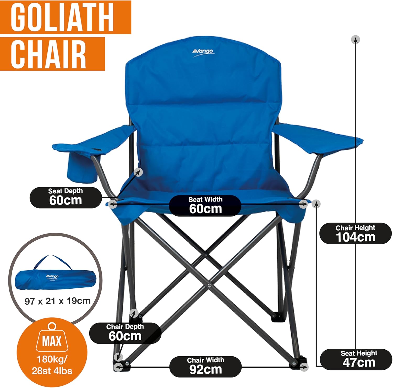 XL Padded Camping Chair 180kg Extra Wide Blue Fold