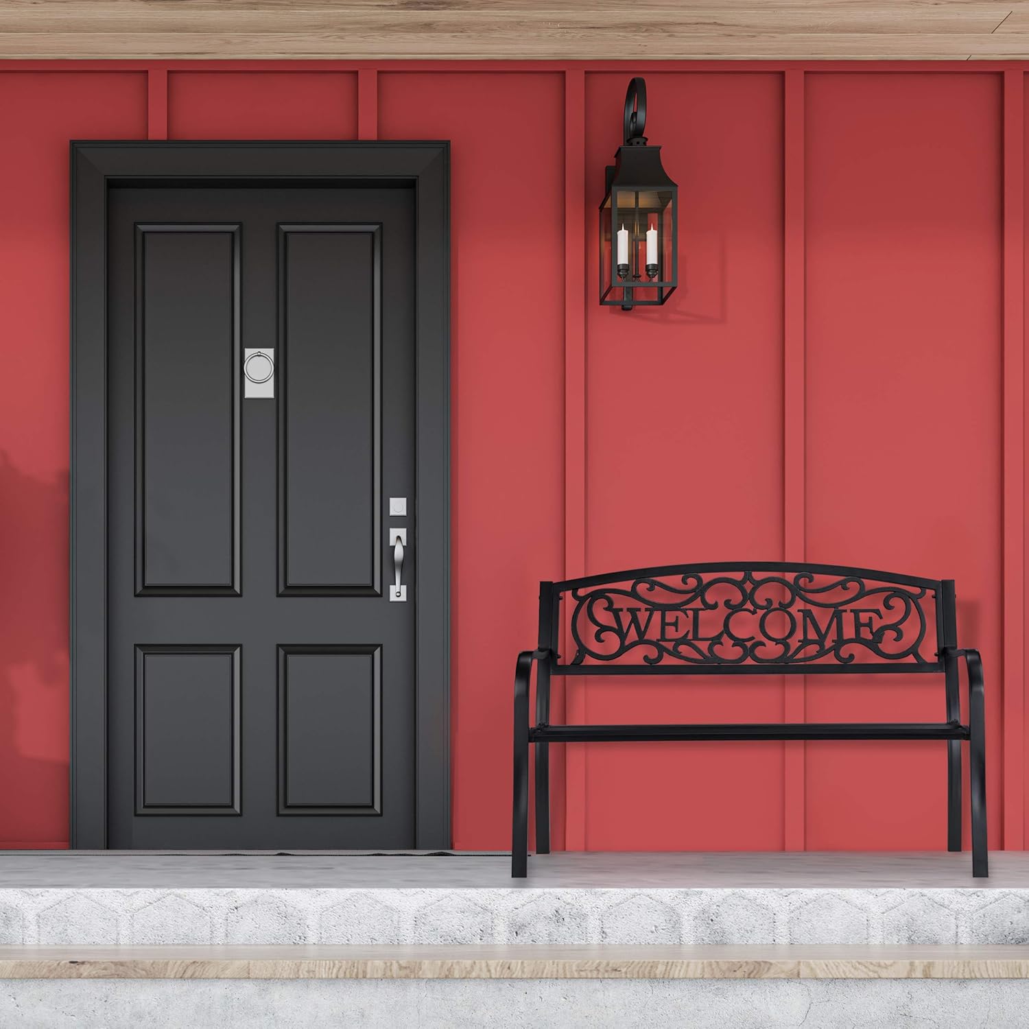 2 Seater Metal Garden Bench Welcome Backrest Patio Seat Black