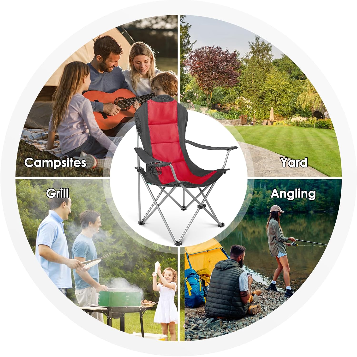 Padded Folding Camping Chair with Cup Holder Carry Bag Red