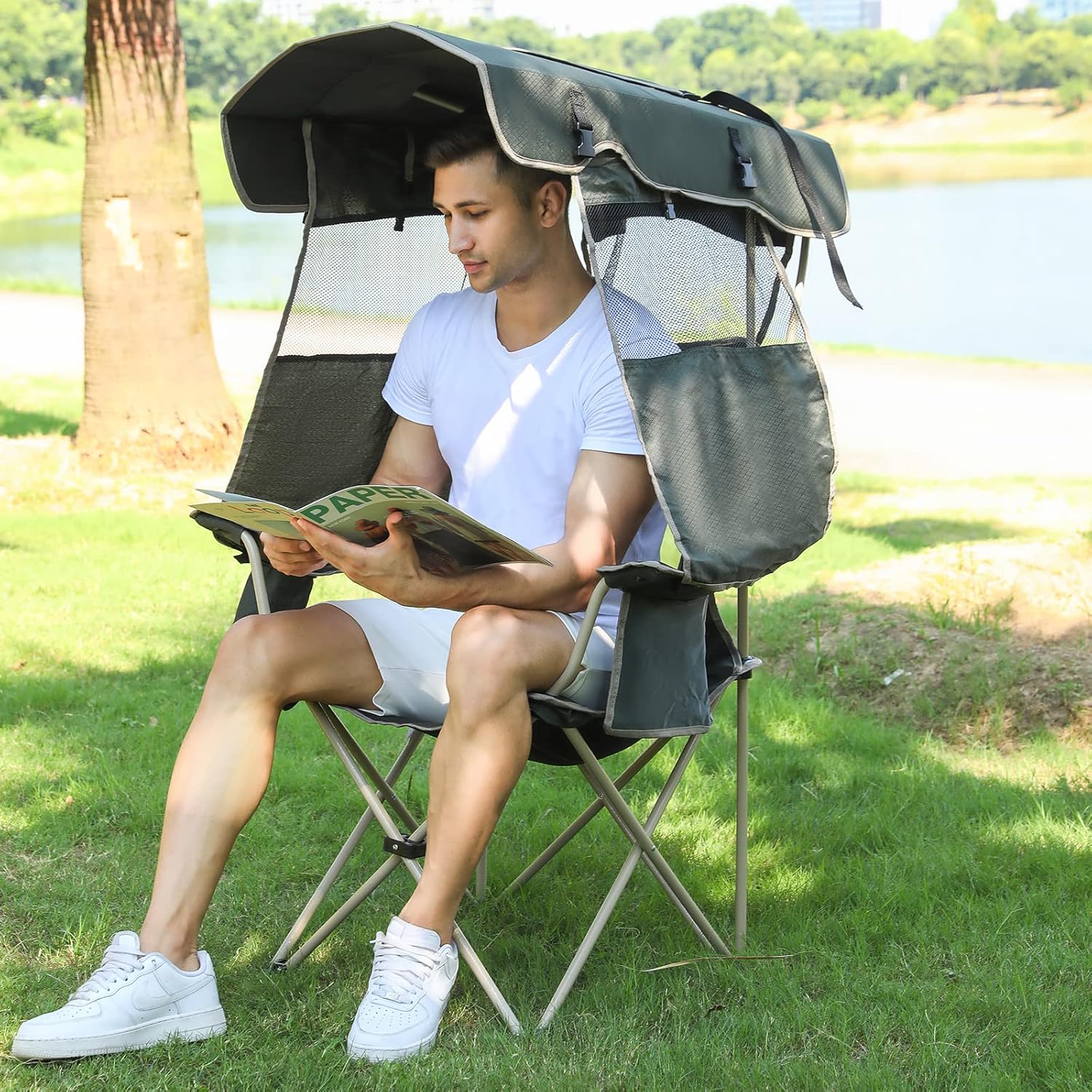 Camping Chair with Adjustable Canopy Shade Cup Holder Green