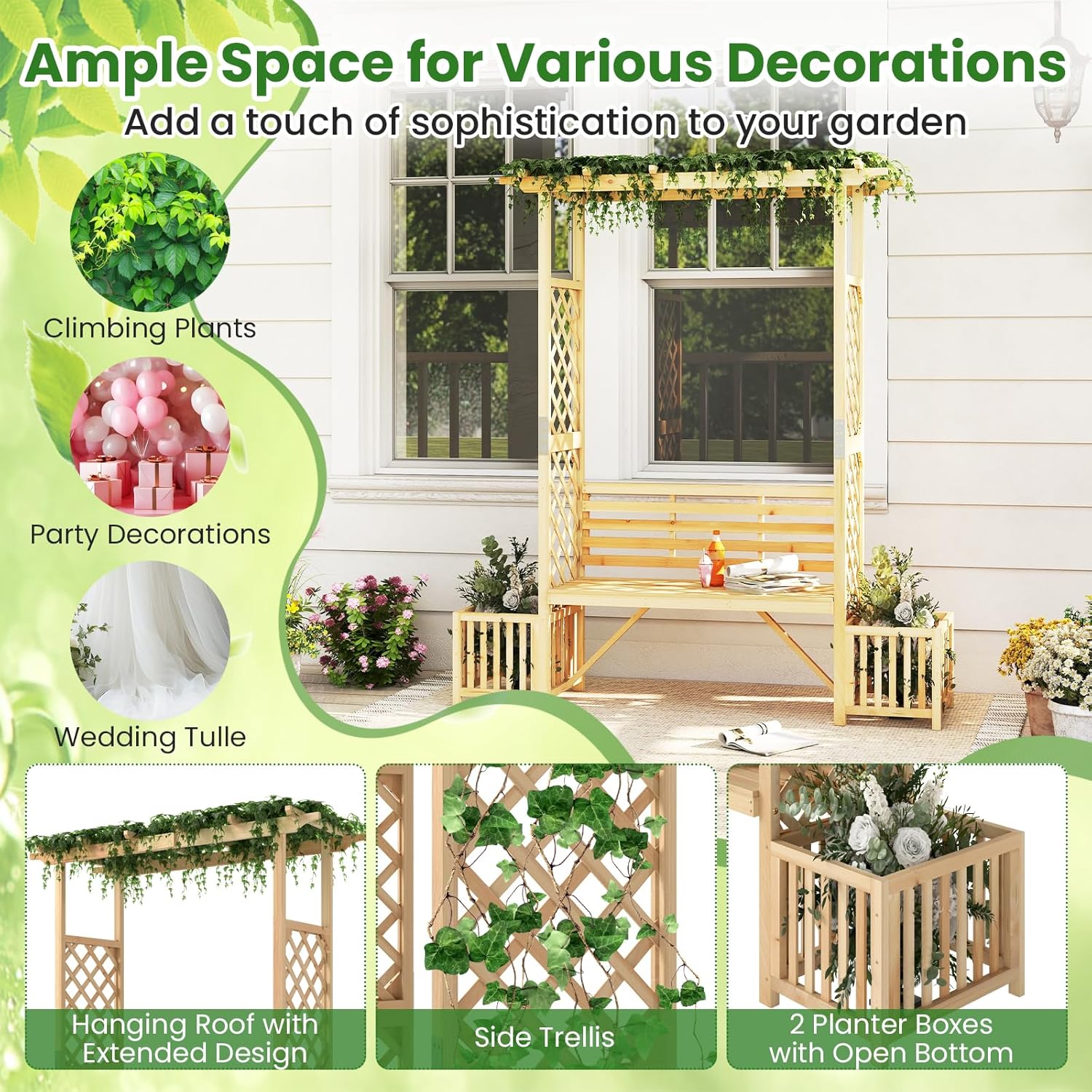 Wooden Garden Arch Bench with Planters Trellis Pergola Seat