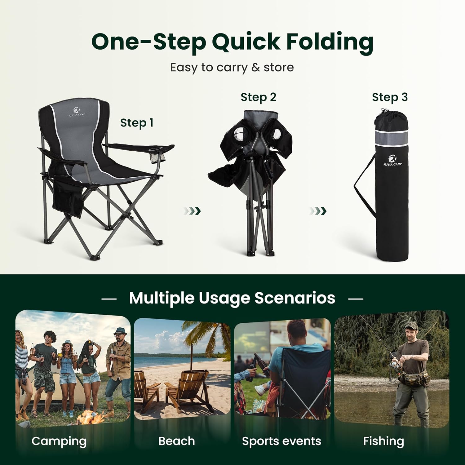 Portable High Back Camping Chair with Cup Holder Side Pocket Grey