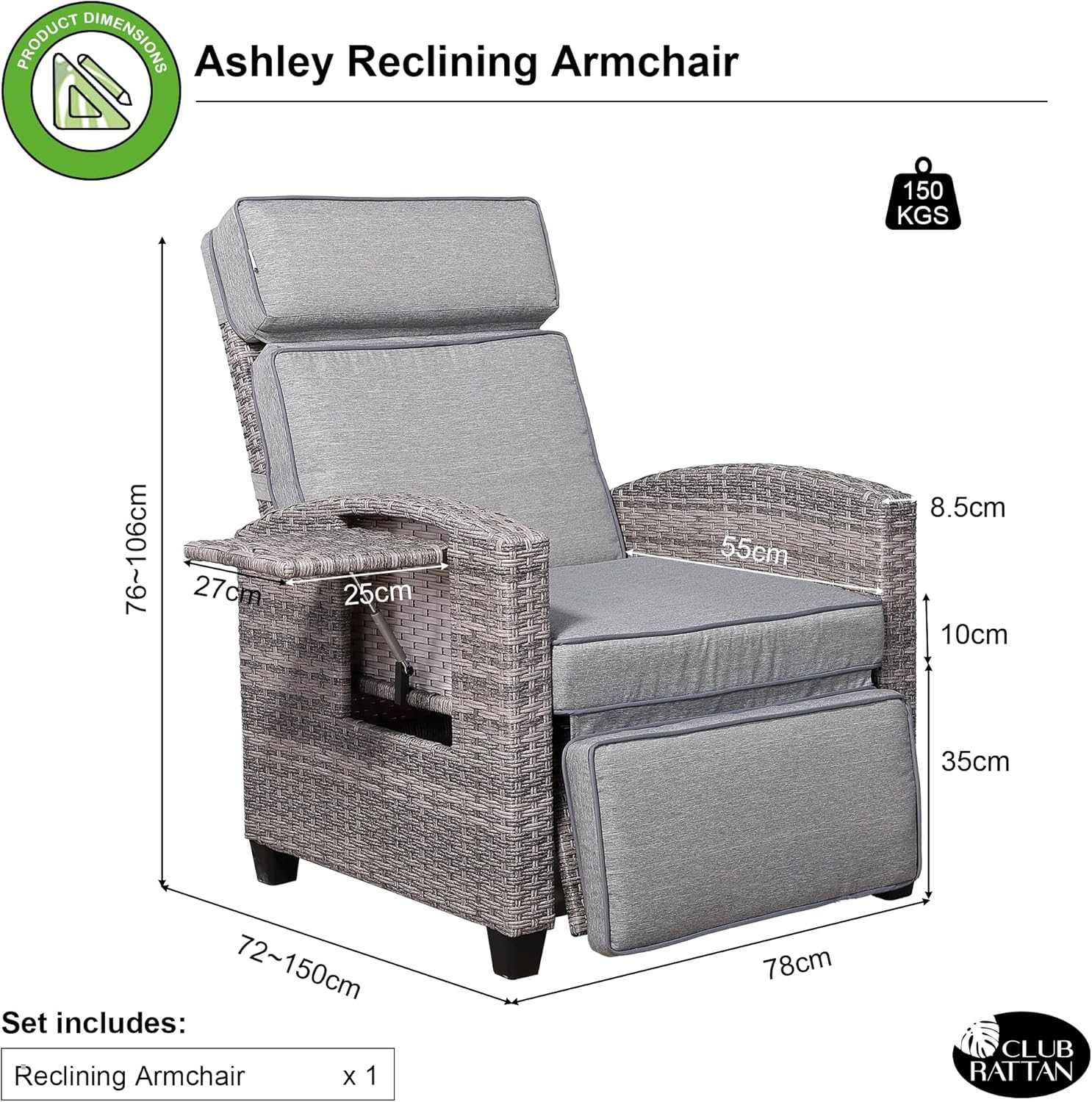 Rattan Reclining Lounge Chair Garden Patio Sun Lounger Mix Grey