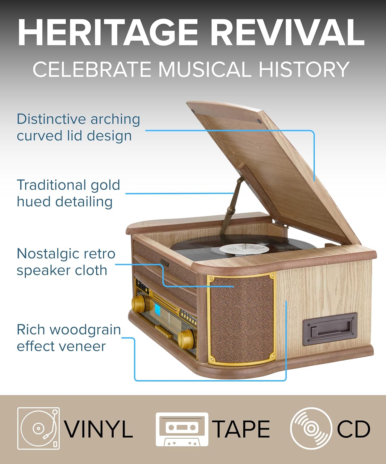 9 in 1 Retro Wooden Record Player CD Cassette Bluetooth System