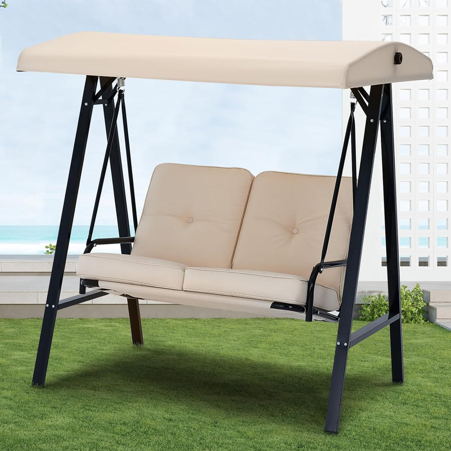 Beige 2 Seater Garden Swing Chair with Canopy