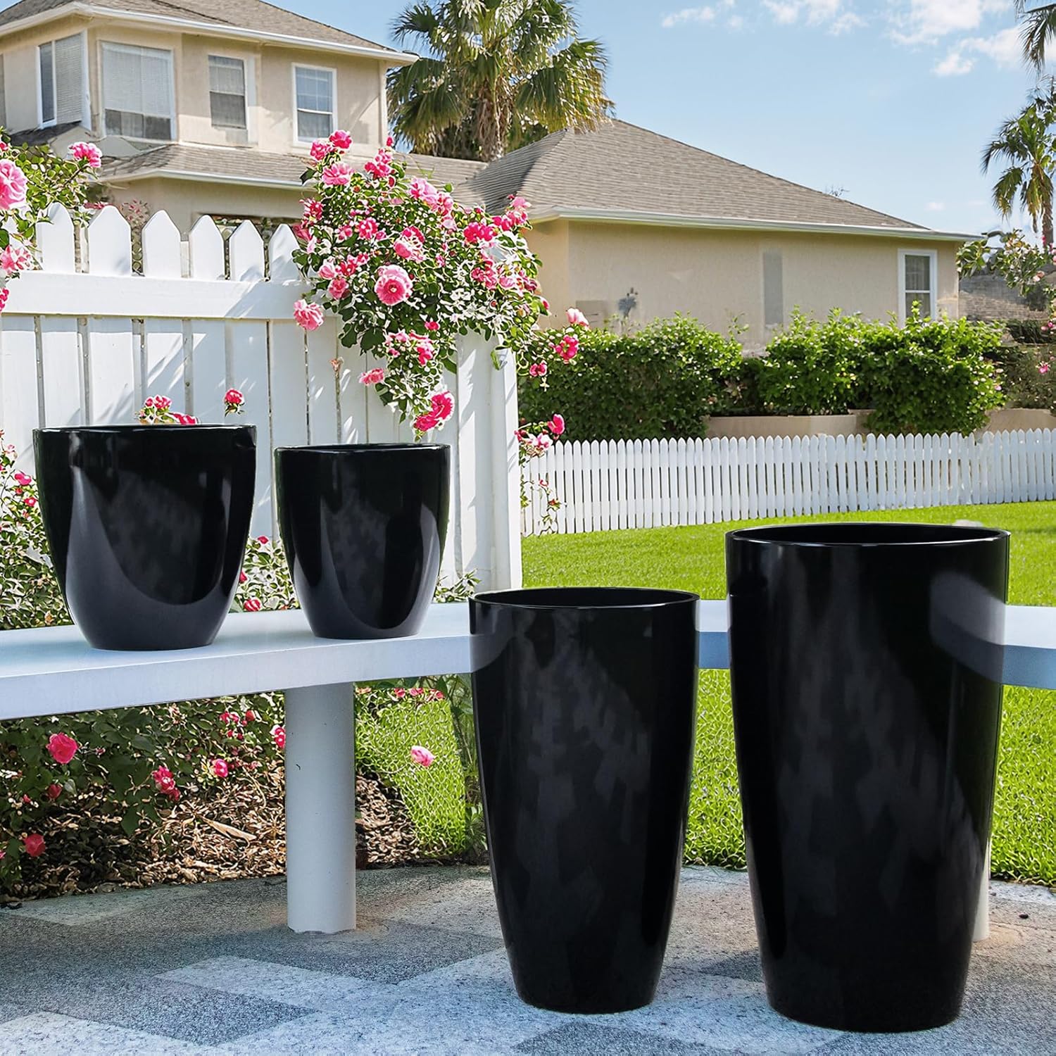 Plant Pots Set of 4 Black Tall Planters 25 30 35cm Indoor Outdoor