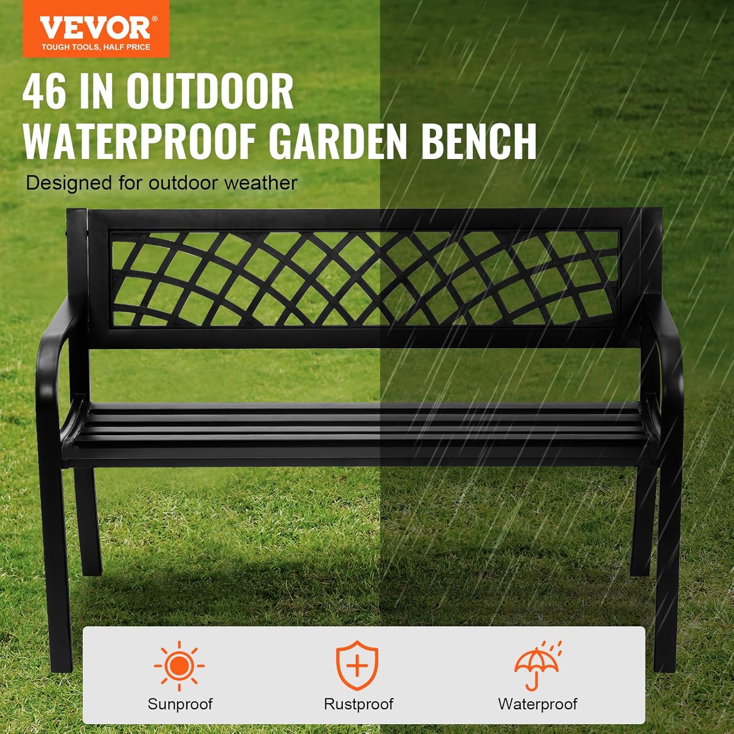 Metal Garden Bench 3 Seater Outdoor Patio Park Seat Black