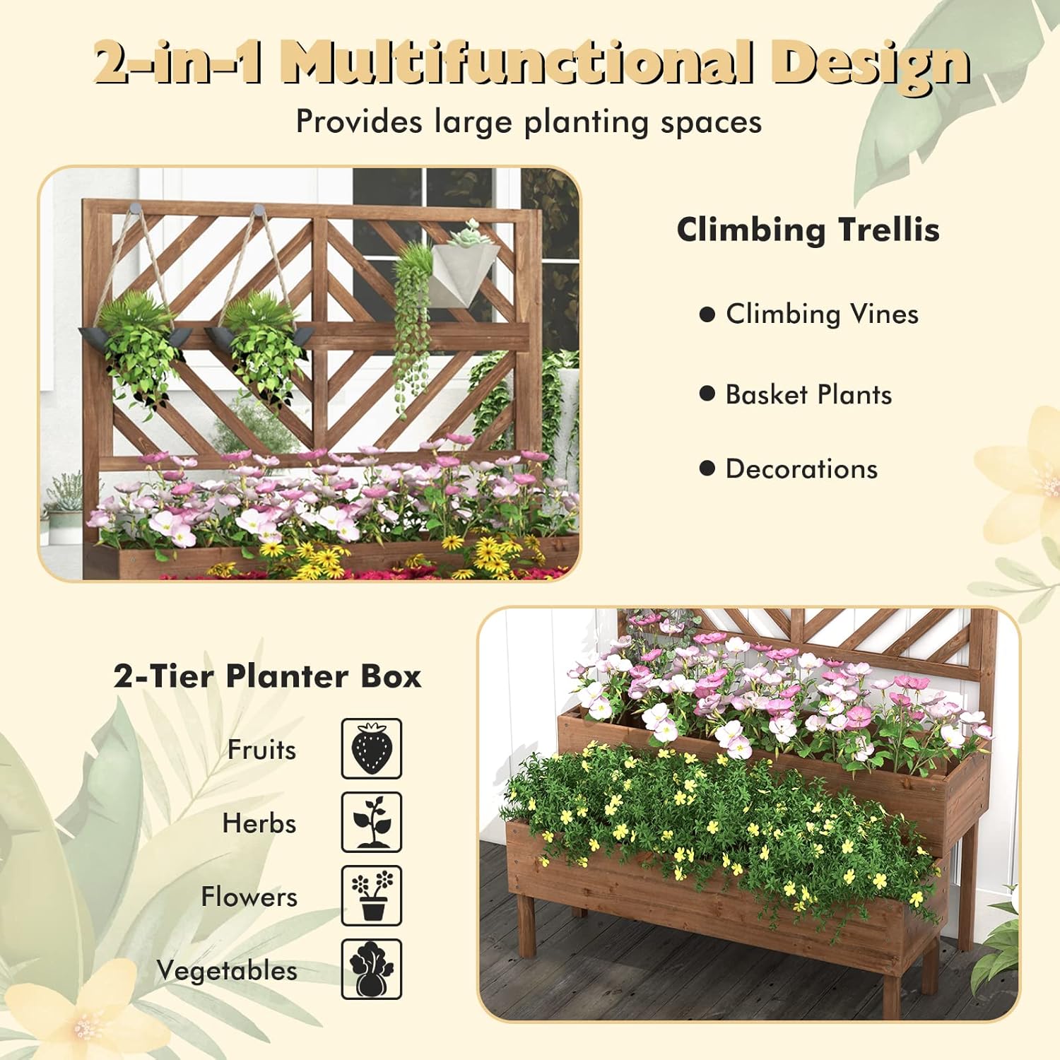 2 Tier Raised Garden Bed with Trellis Wooden Planter 135cm
