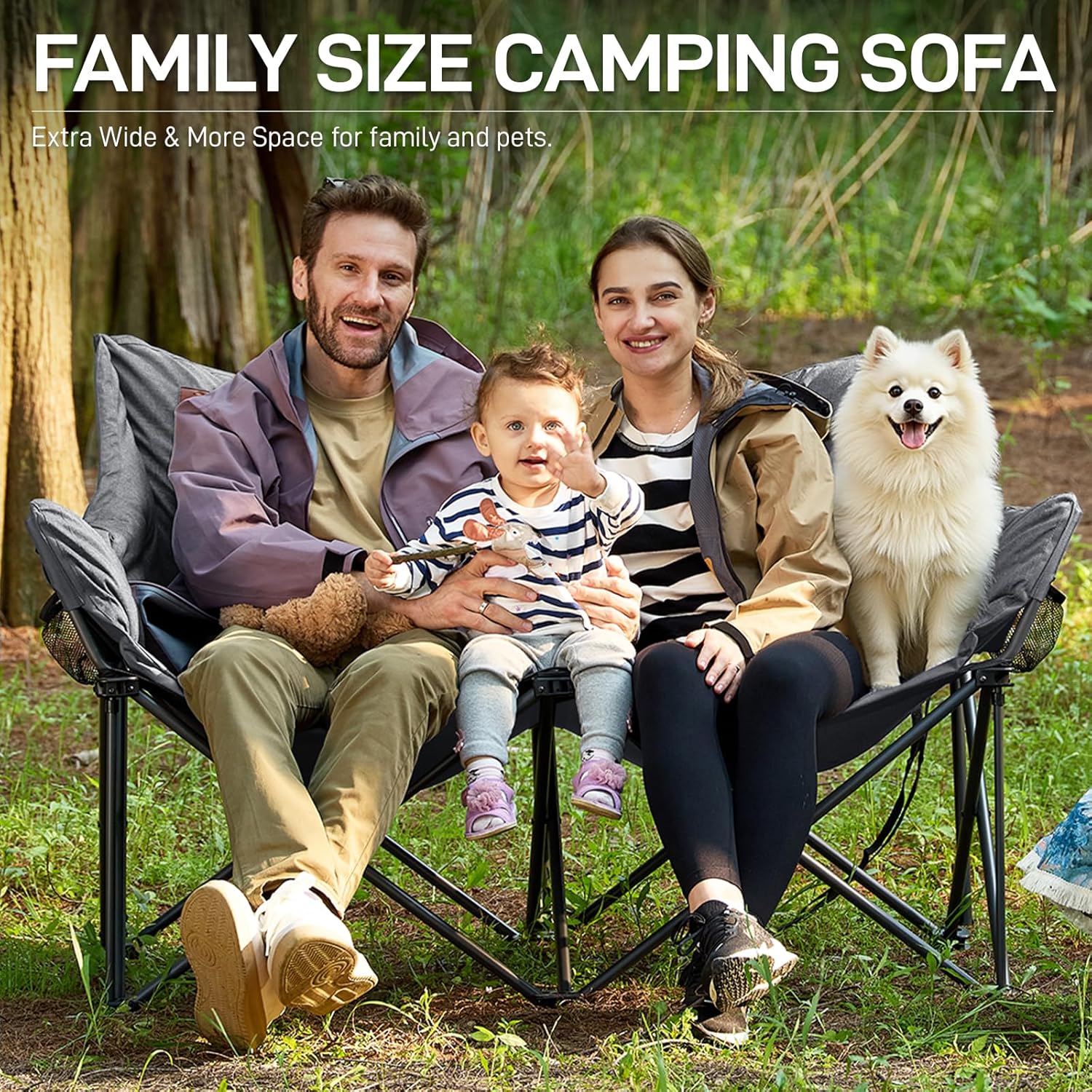 Double Camping Chair 400KG Oversized Folding Sofa Grey