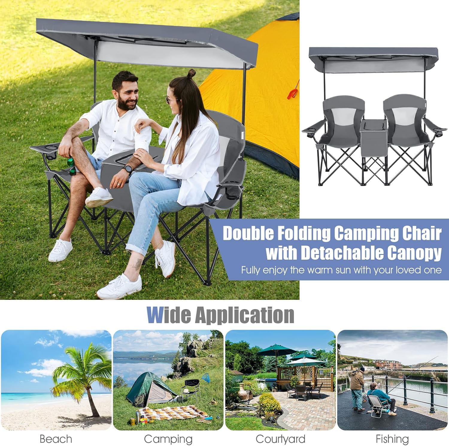 Double Camping Chair with Canopy Cooler Bag Cup Holders Grey