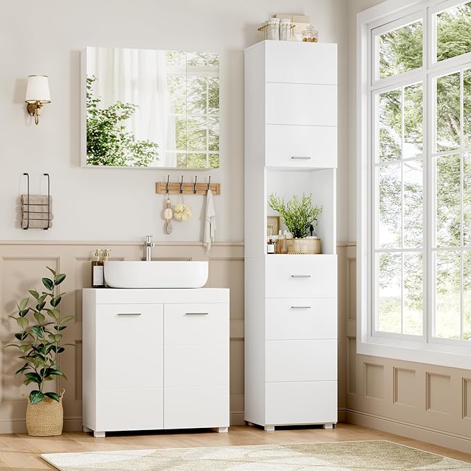 Tall Bathroom Storage Cabinet 2 Doors Drawer White 180cm