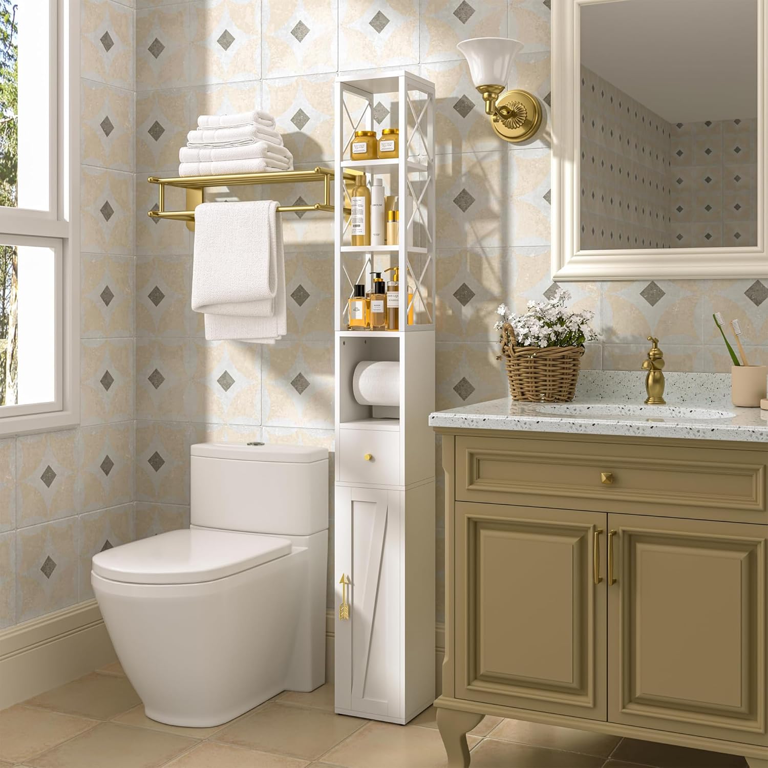 Slim Bathroom Tall Cabinet Drawer Shelf Door Unit White