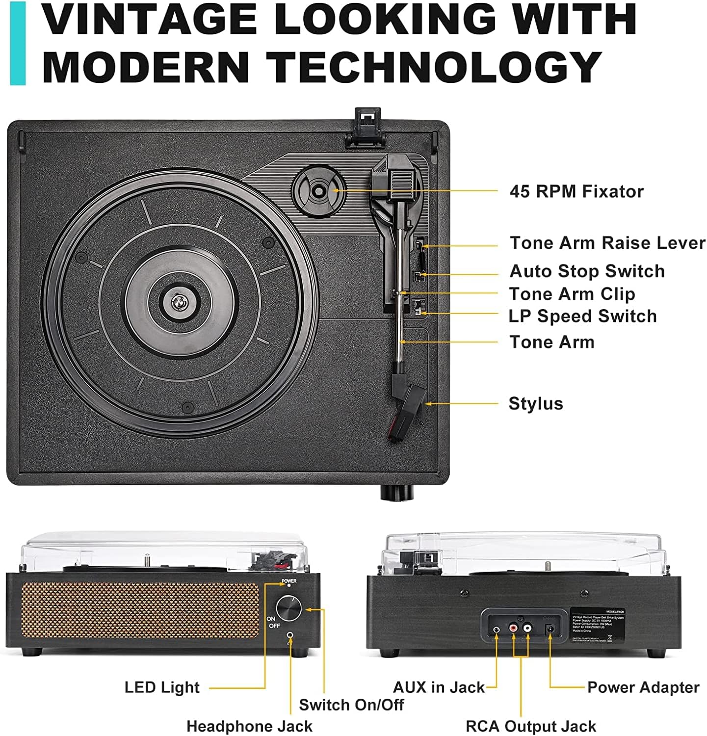 Vintage Vinyl Record Player Turntable Bluetooth AUX RCA Built-In Speaker