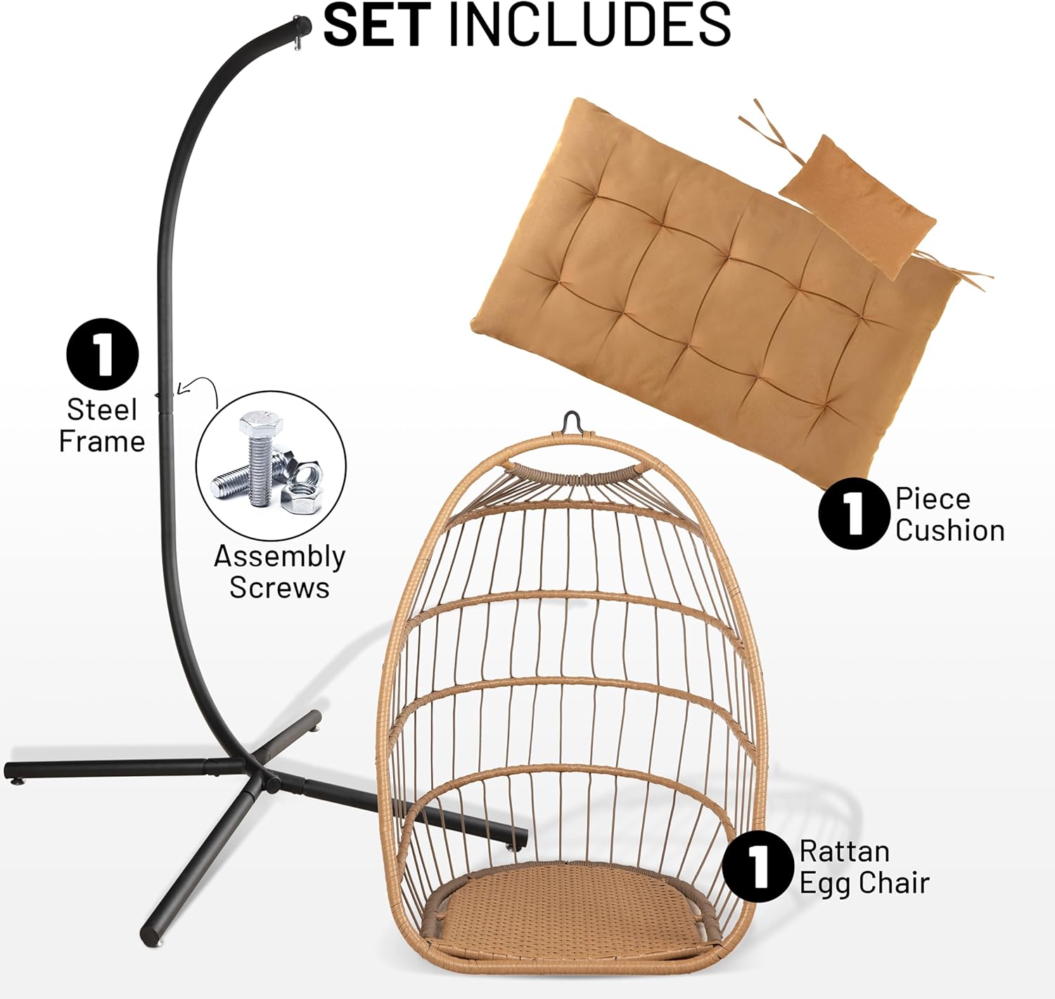 Foldable Rattan Egg Chair with Stand Cushion Brown