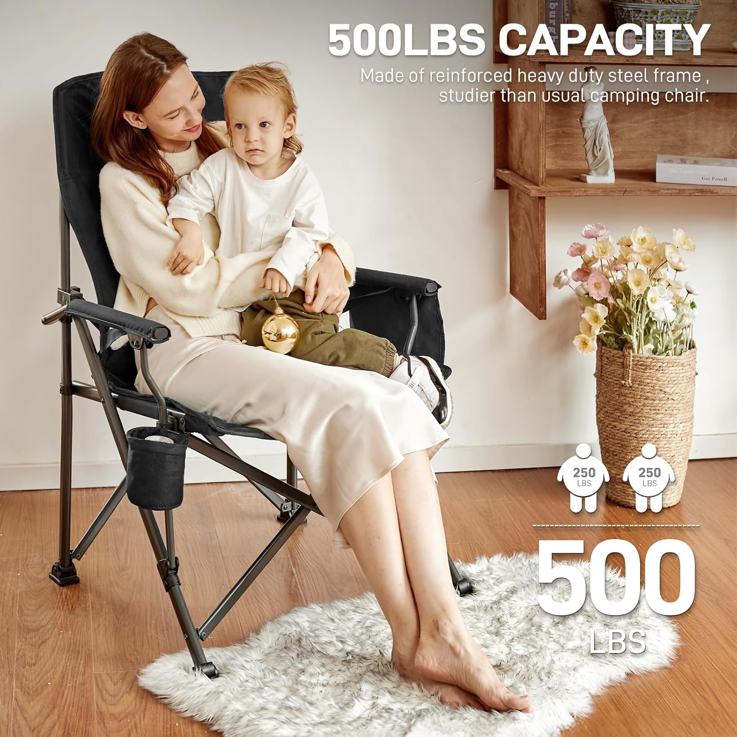 Oversized Folding Camping Chair XL Heavy Duty Lumbar Support 230KG Black