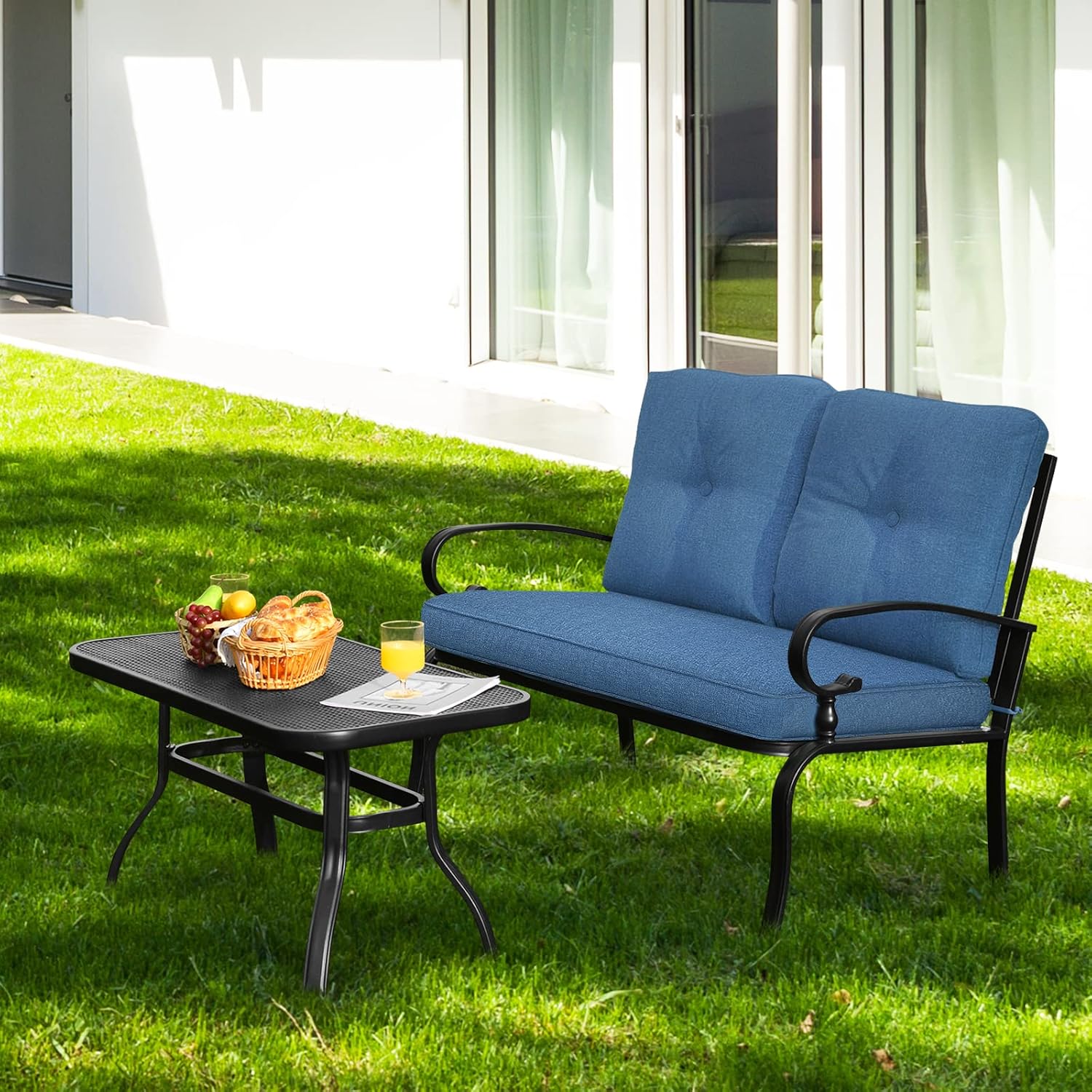 2 Seater Garden Loveseat with Coffee Table Cushions Set