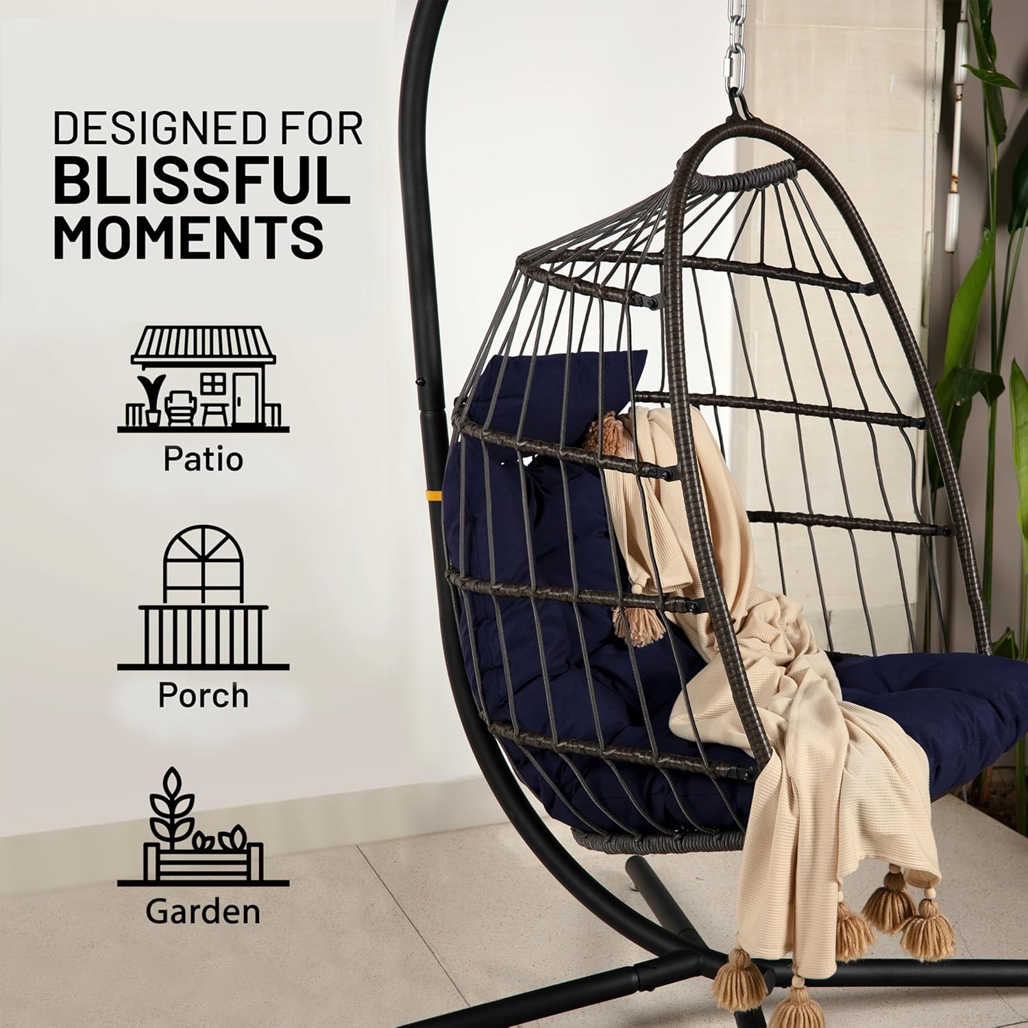Foldable Egg Chair with Stand Rattan Hanging Swing Deep Blue