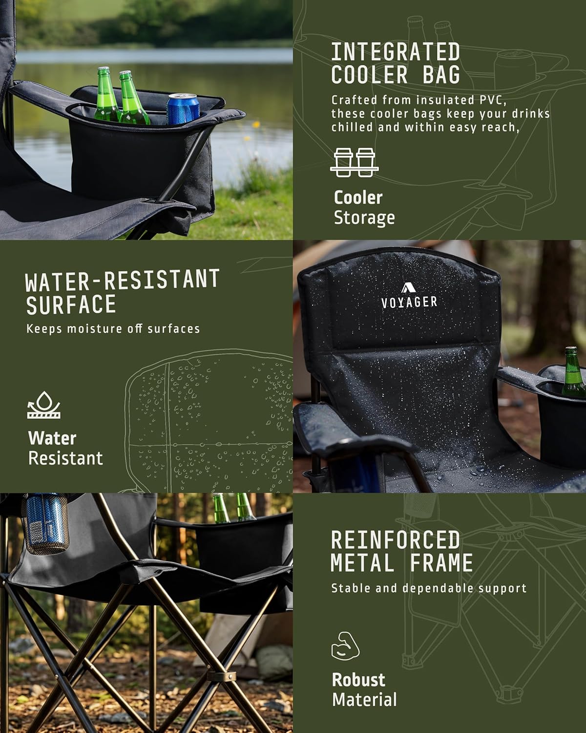 Folding Camping Chairs 2 Pack Cooler Bag Portable Black