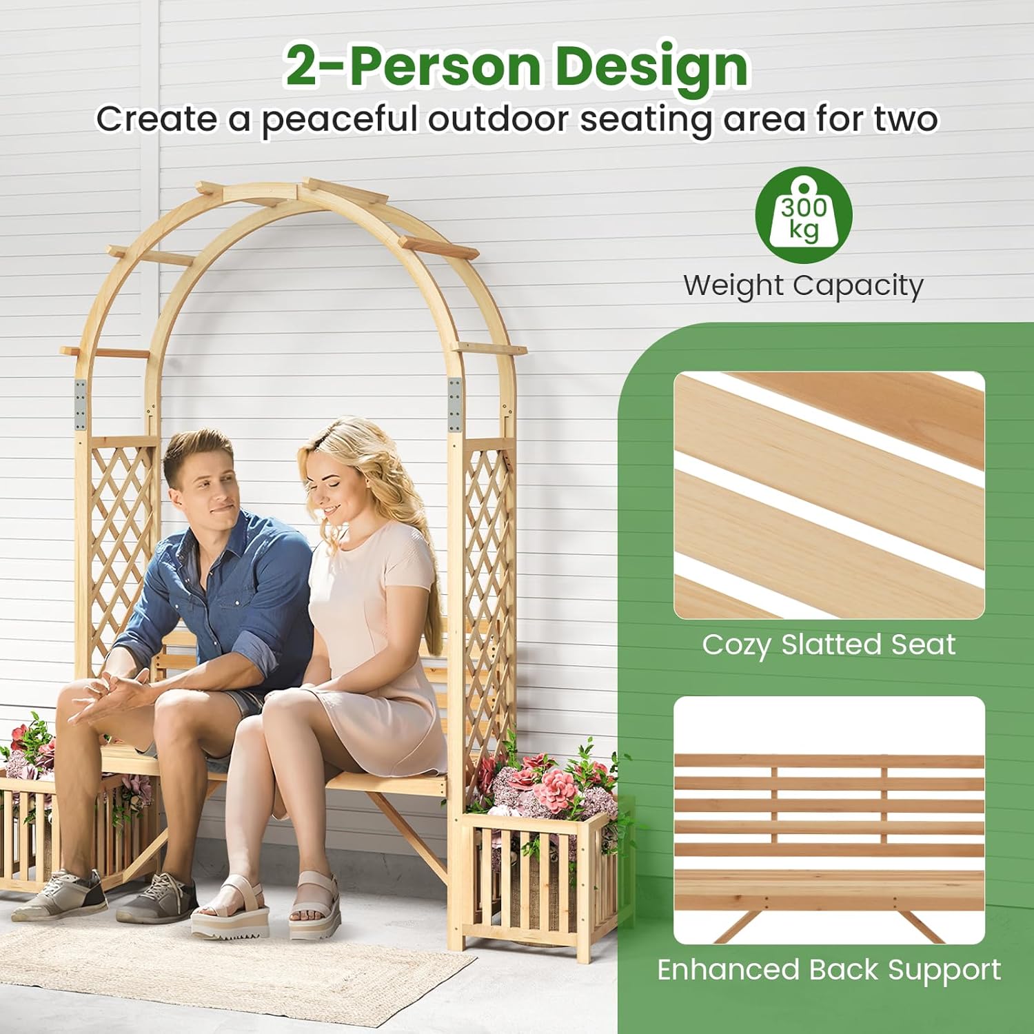 Wooden Garden Arch with Bench & Planters Trellis Pergola Seat