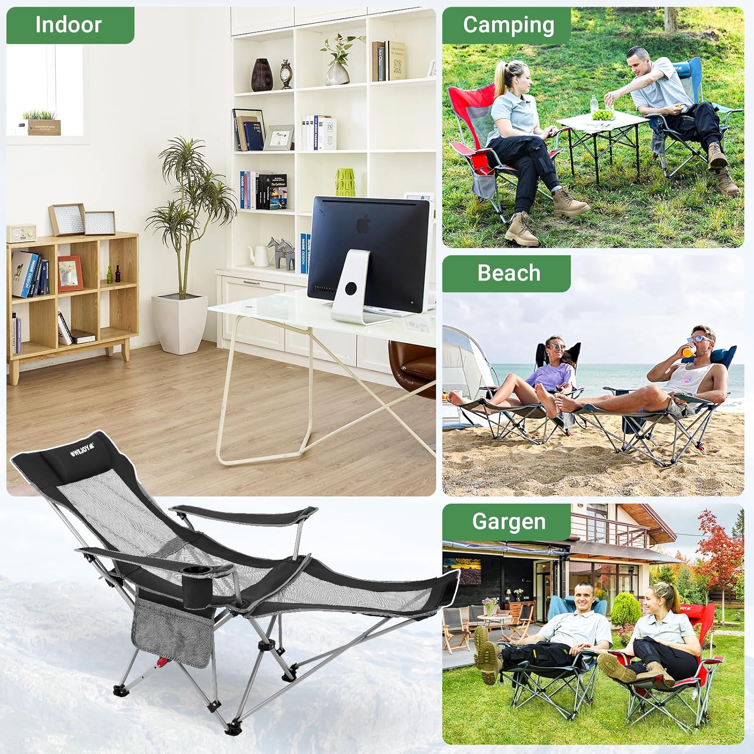 Set of 2 Reclining Camping Chairs with Footrest