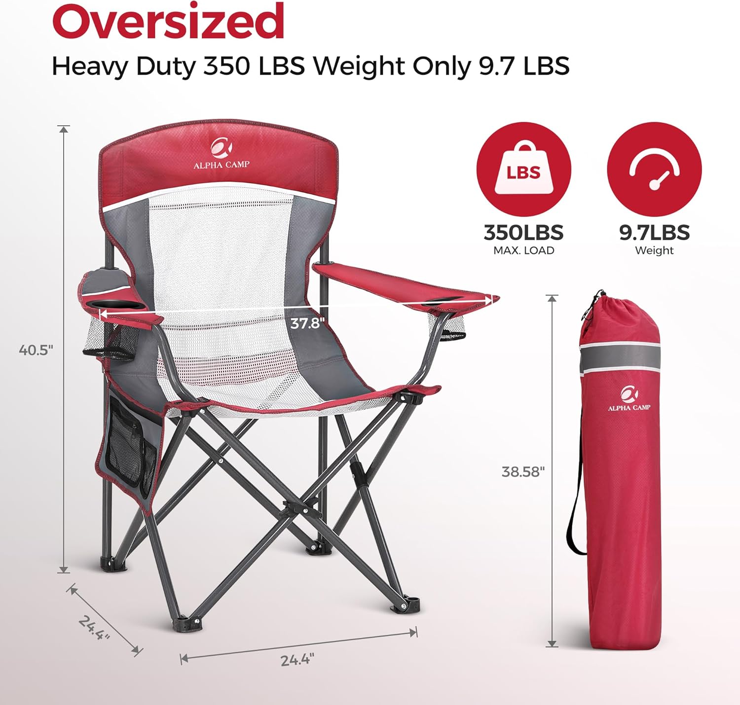 Oversized Camping Chair Mesh Back Folding Seat Red
