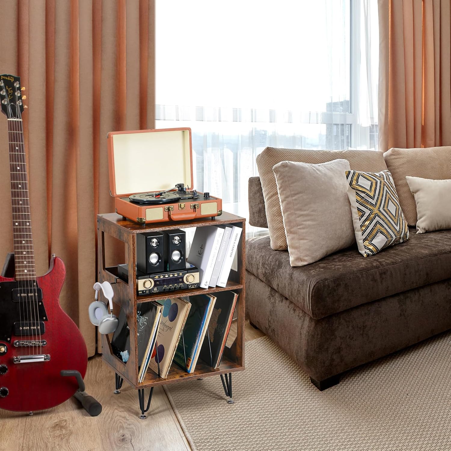Rustic Record Player Stand with Vinyl Storage Cabinet Holds 160 Albums