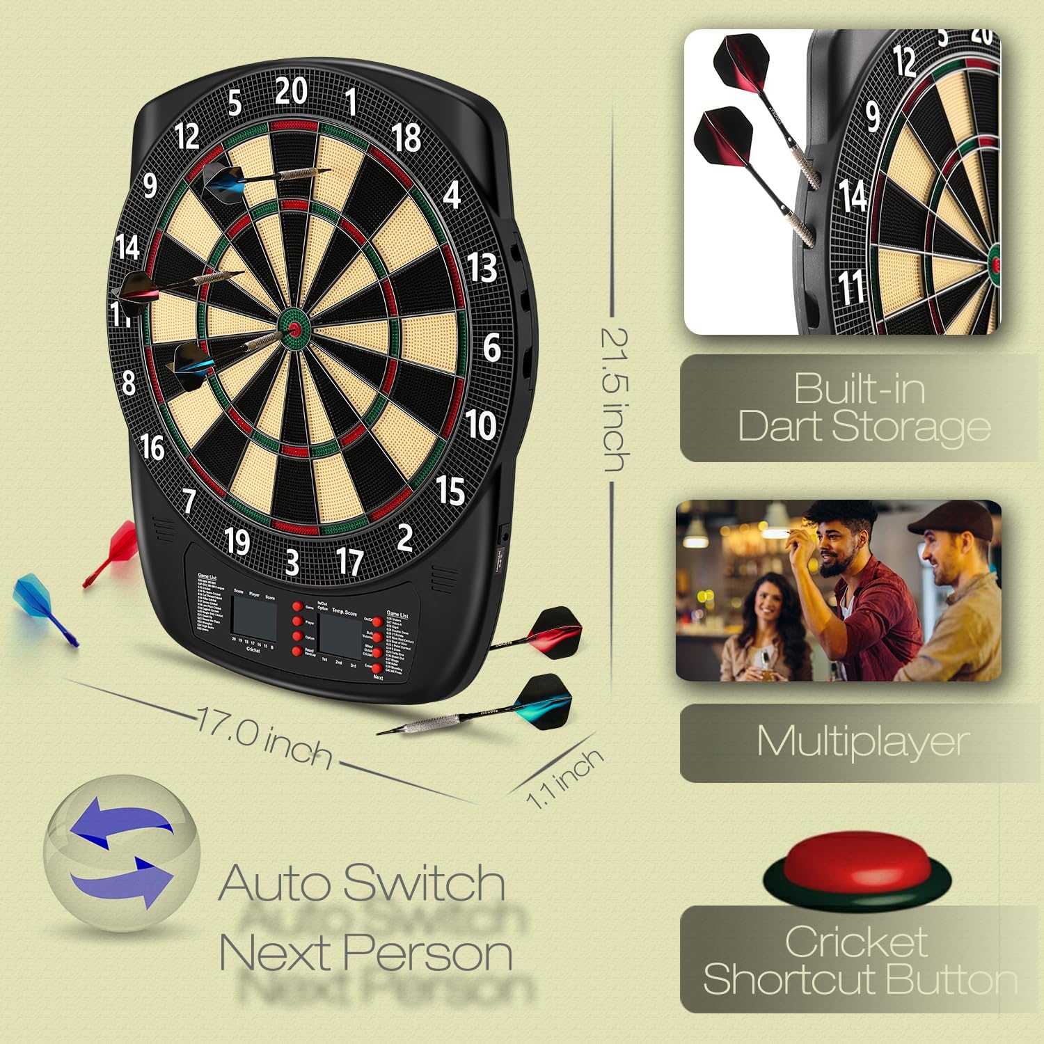 Electronic Dartboard LED Display 40 Games 427 Modes 6 Darts