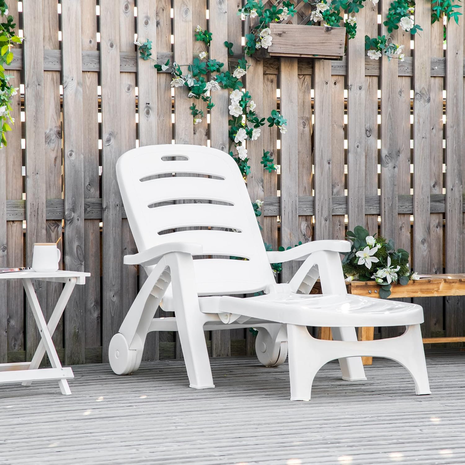 Folding Sun Lounger with Wheels 5 Position White