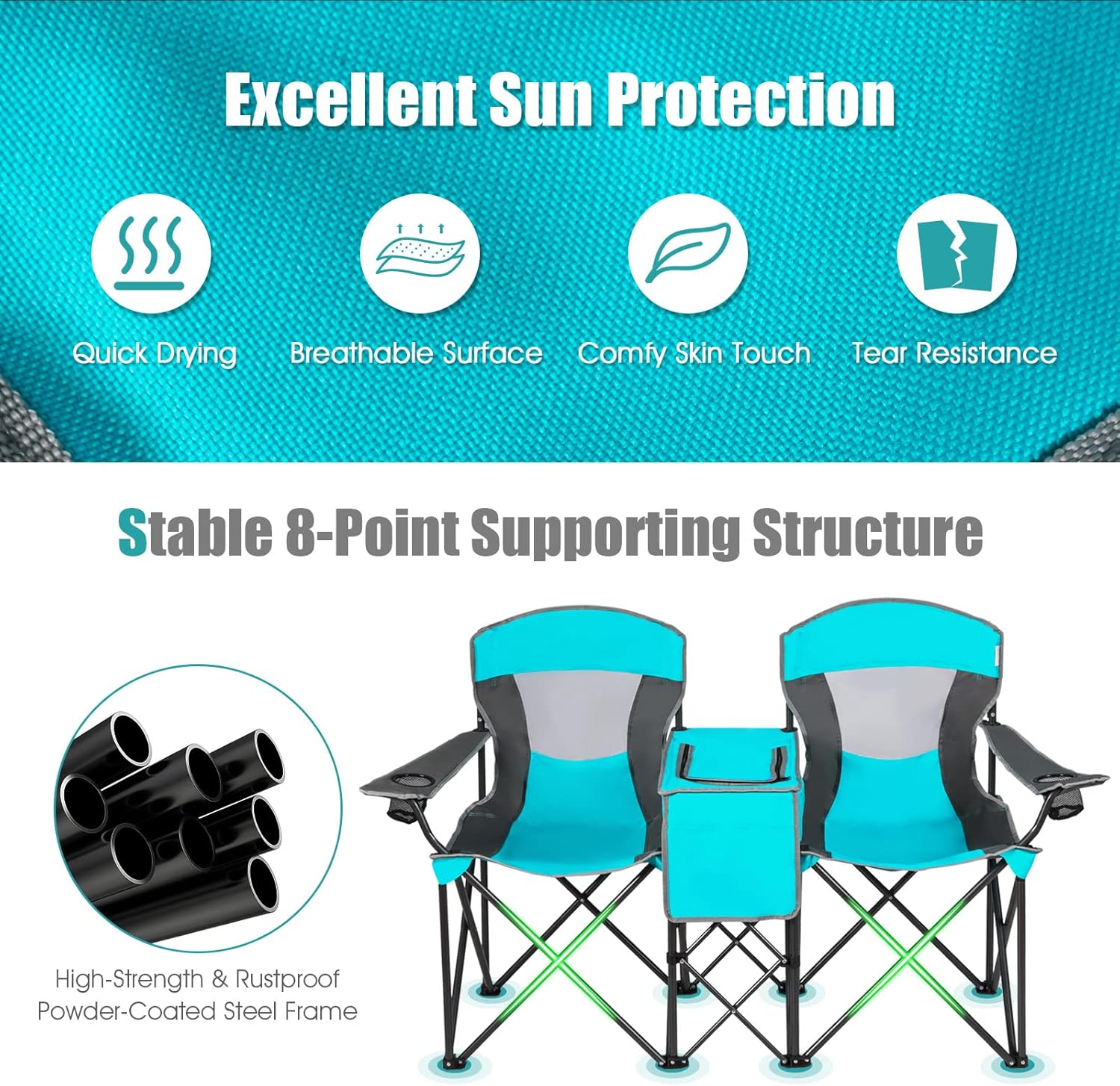 Double Camping Chair with Canopy Cooler Bag Cup Holders