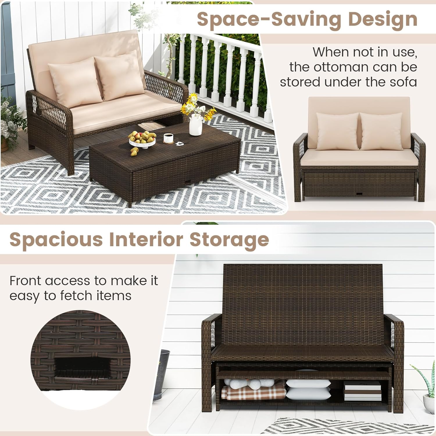 Patio Rattan Daybed Double Sun Lounger Storage Beige