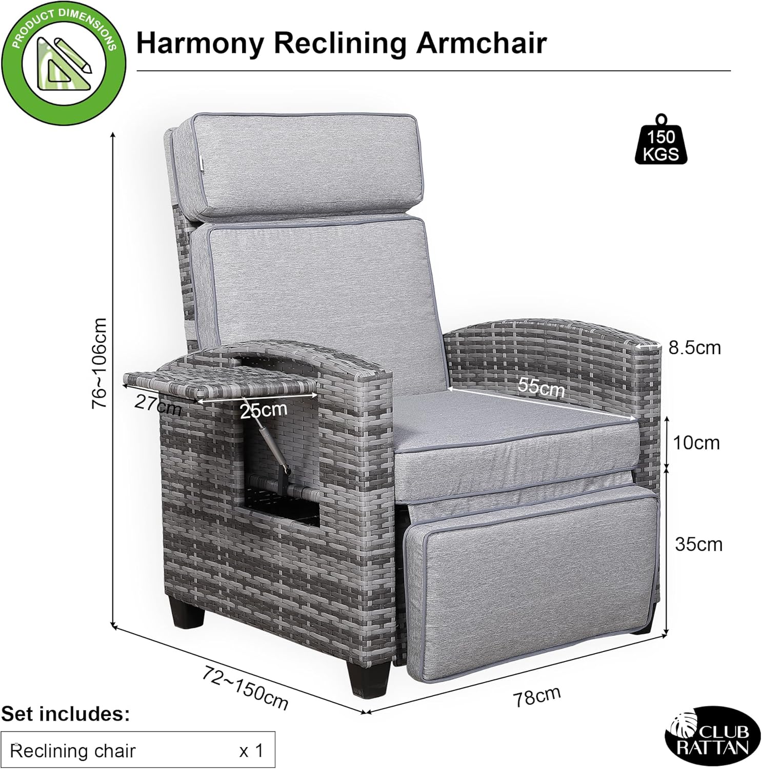 Rattan Reclining Lounge Chair Garden Patio Sun Lounger Grey