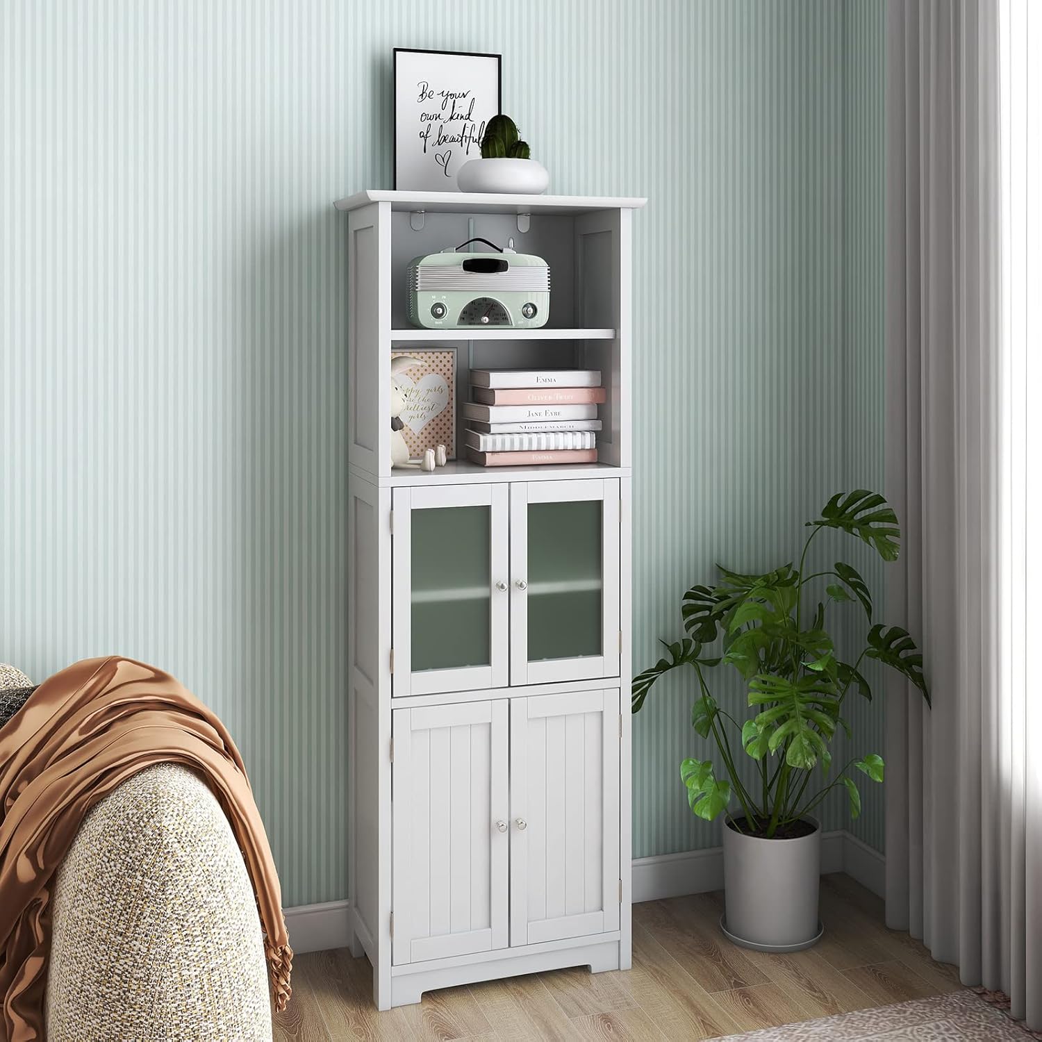 Tall Storage Cabinet Glass Door Shelf Unit White