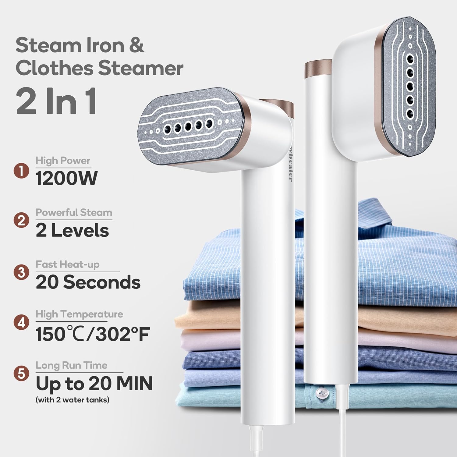 Handheld Clothes Steamer 2-in-1 Garment Steamer Fast Heat 2 Steam Levels