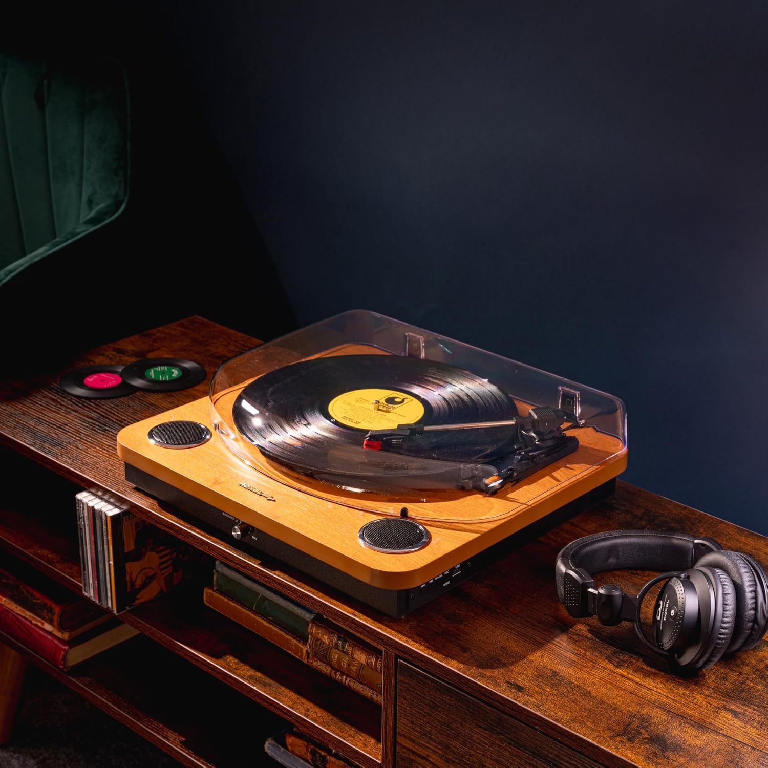 3-Speed Vinyl Turntable with Built-In Speakers, Bluetooth & USB Output