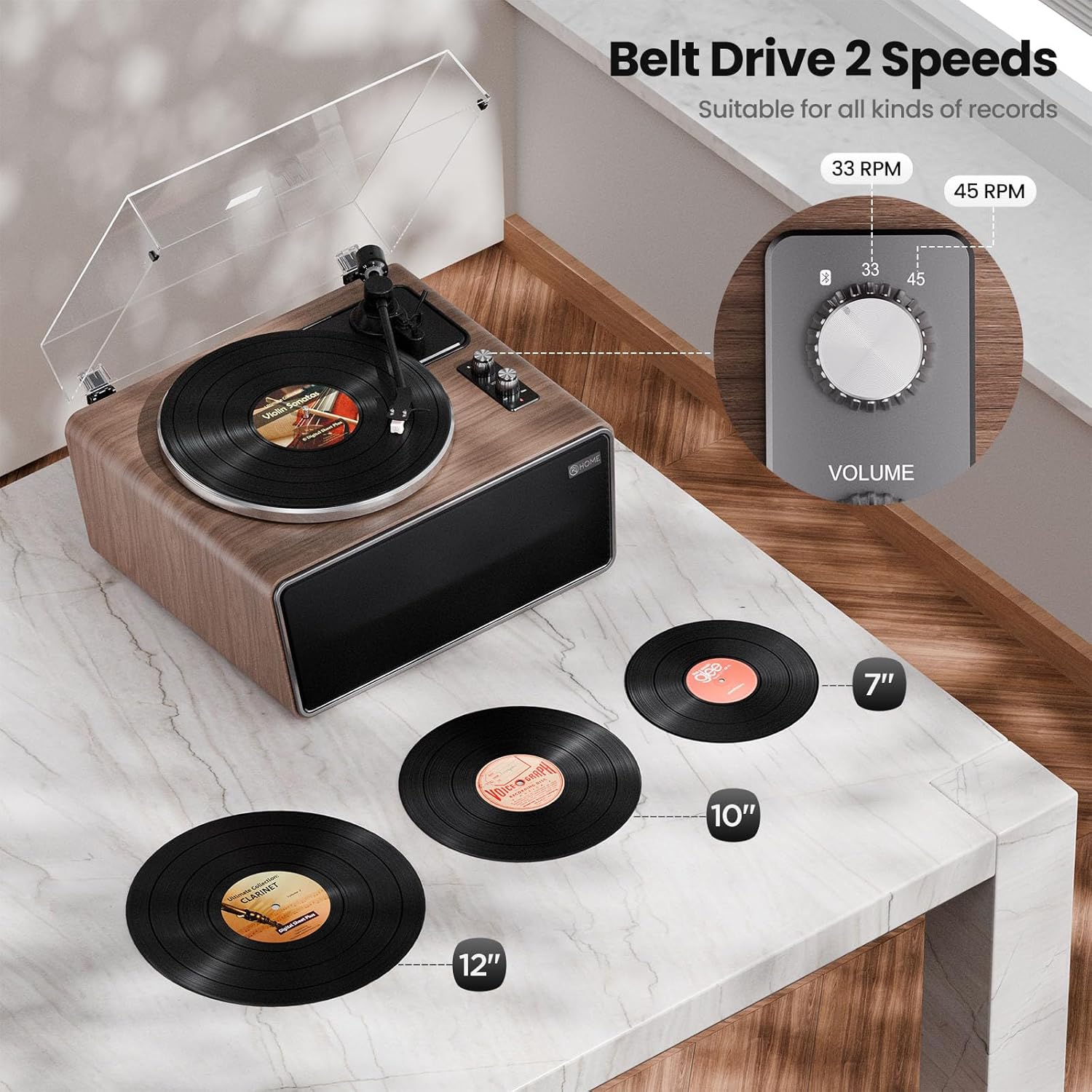 Bluetooth Vinyl Record Player with 4 Stereo Speakers