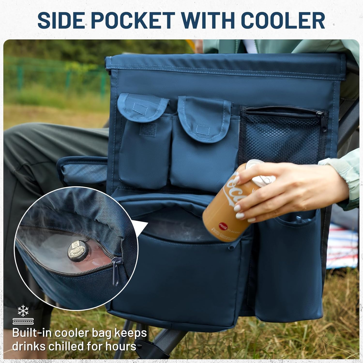 Oversized Camping Chair with Lumbar Support Cooler Pocket Blue