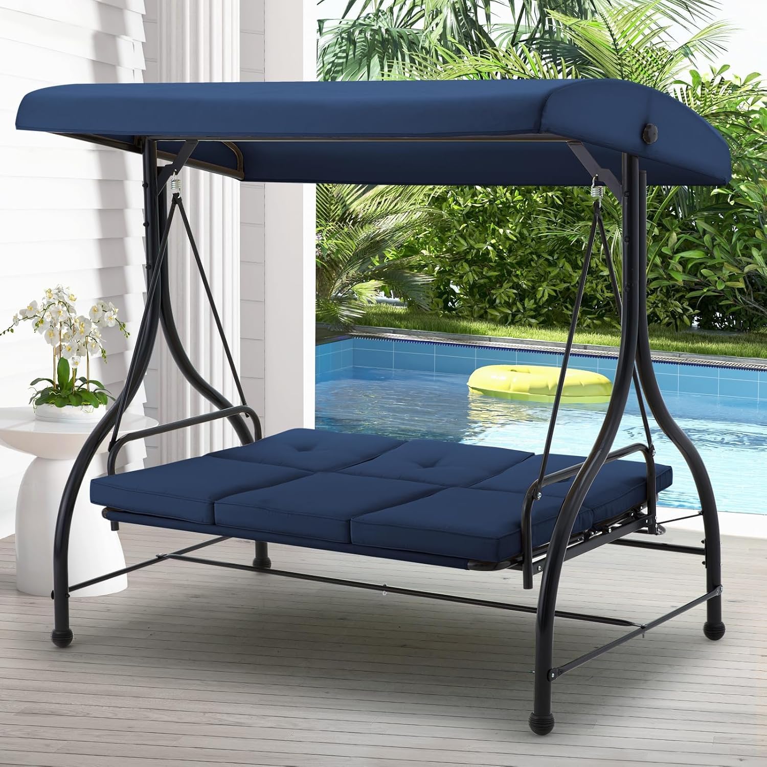 3 Seater Garden Swing Seat Bed Convertible Hammock Chair Blue