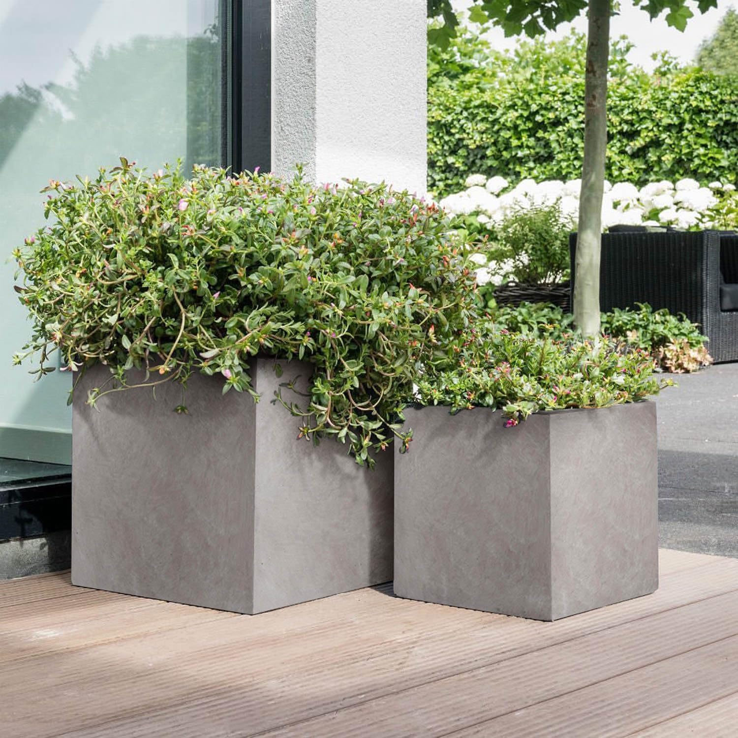 40cm Square Planter Grey Stone Effect Garden Pot Drainage