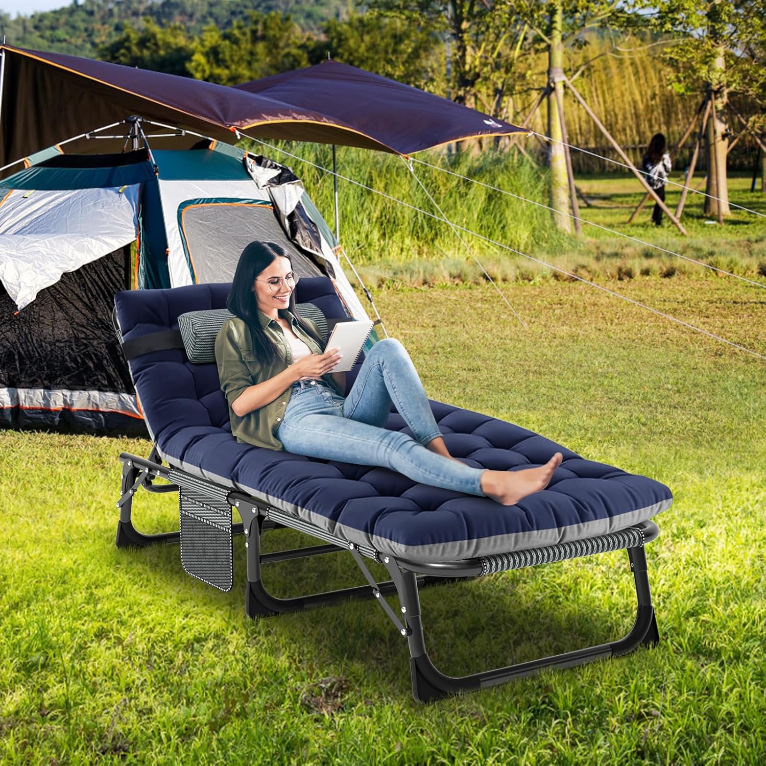 Oversized Folding Sun Lounger Bed Grey Adjustable Recliner