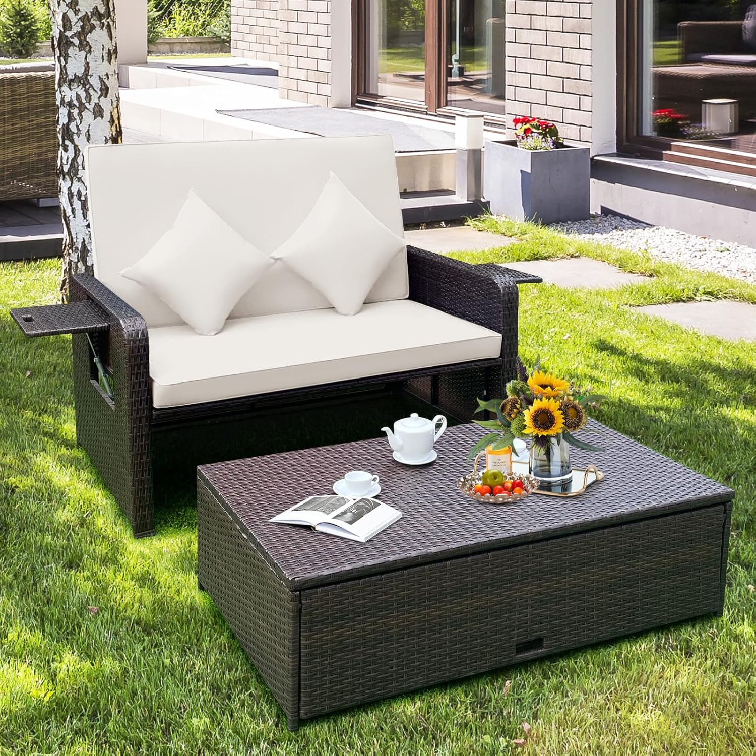 Outdoor Rattan Daybed Double Sun Lounger Storage Ottoman White Brown