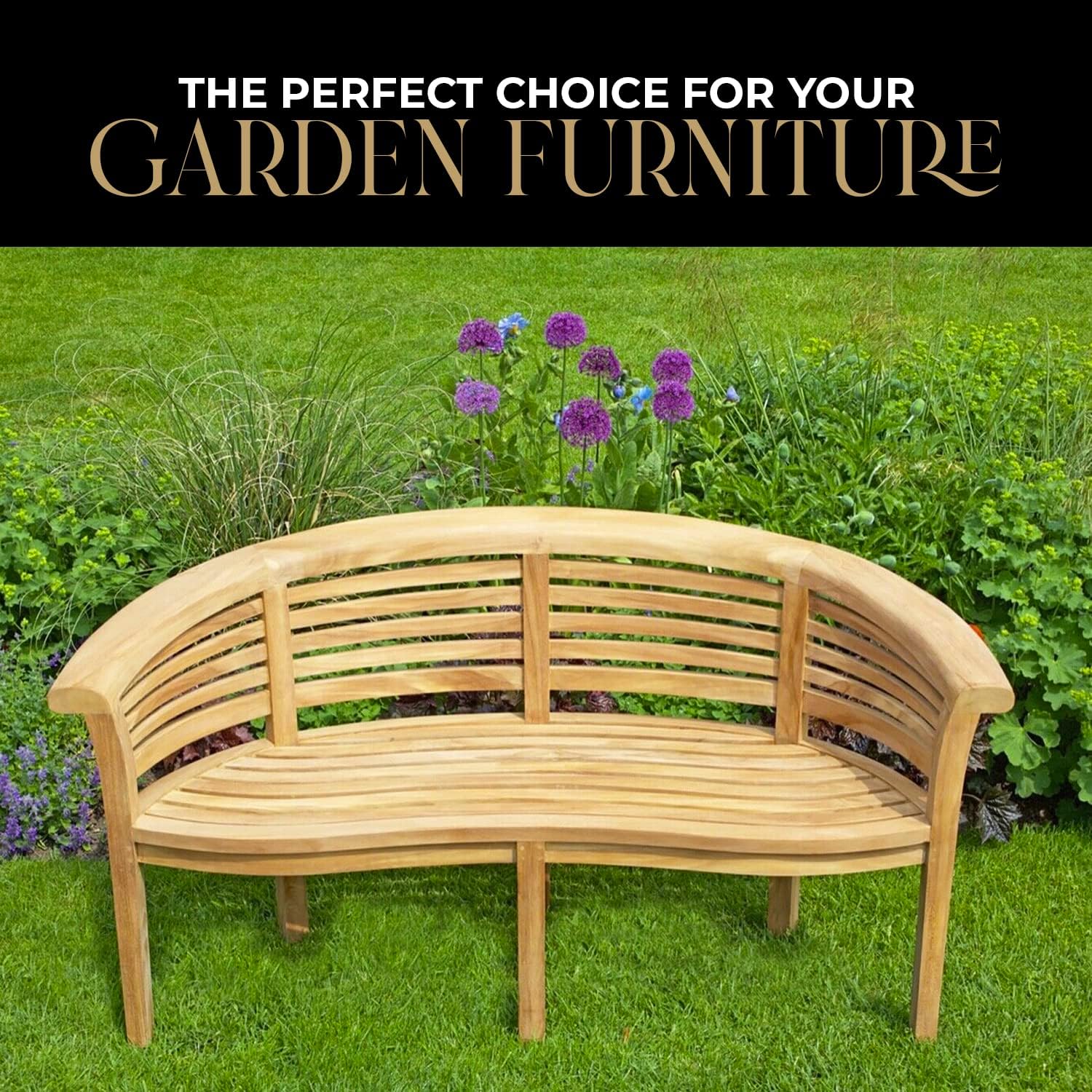 Teak Wood Banana Garden Bench w/ Green Cushion Curved Patio Seat 168cm