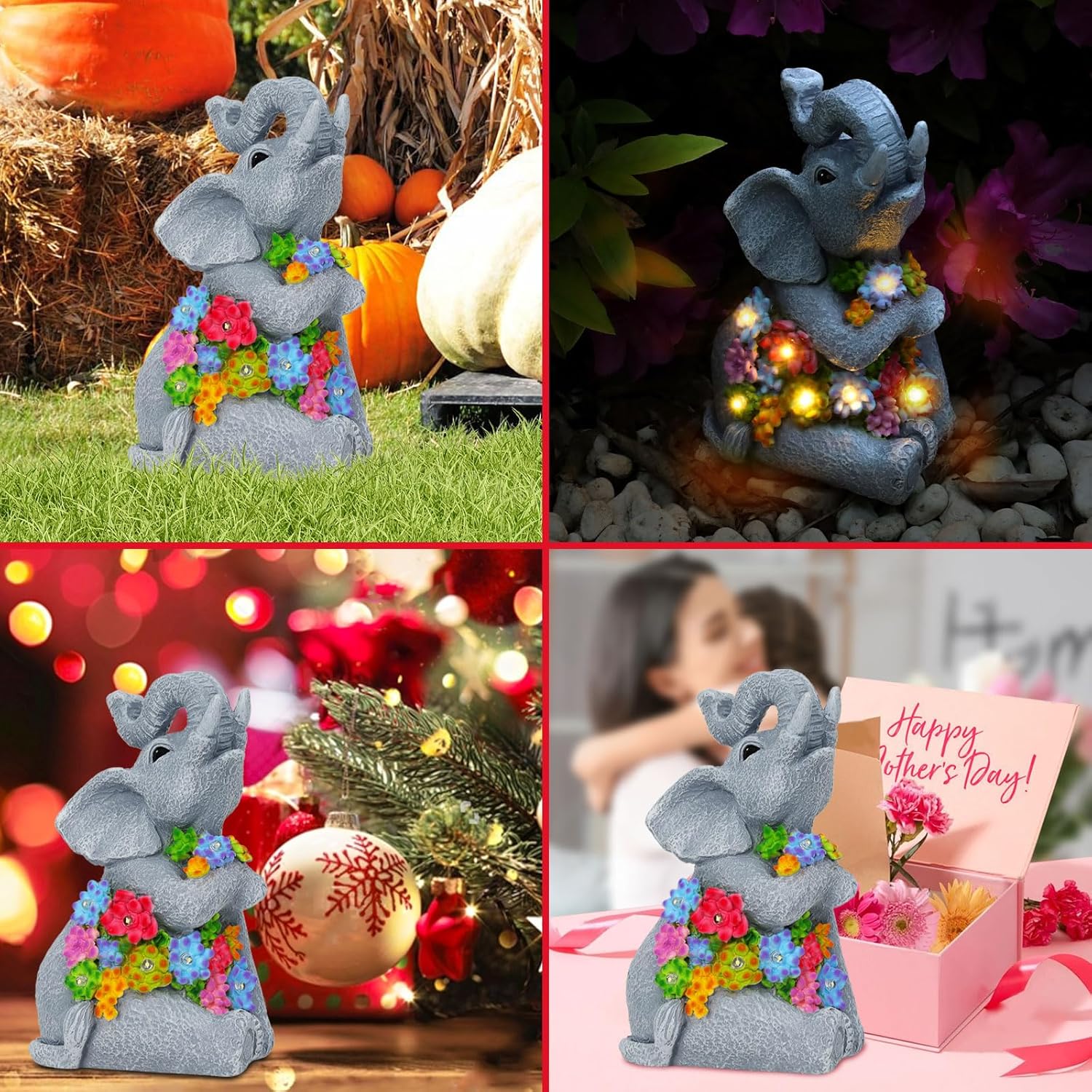 Solar Elephant Garden Statue LED Lights Waterproof Outdoor Decor