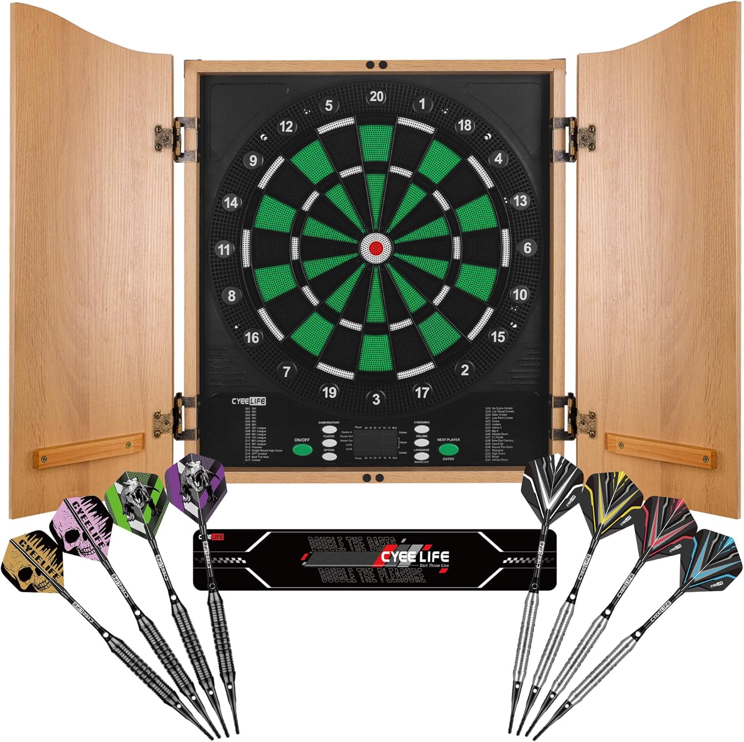 Electronic Dartboard Cabinet 8 Player LED 34 Games 12 Darts Set