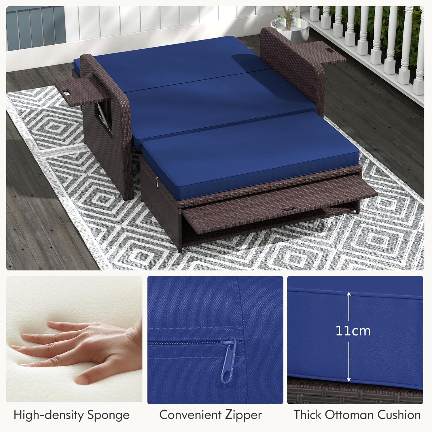 2 in 1 Rattan Daybed Sun Lounger Navy Blue