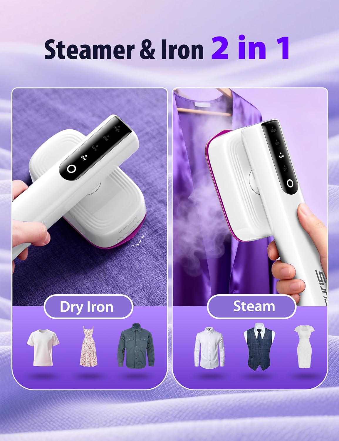 Handheld Garment Steamer 1200W Fast Heat 15s 2in1 Travel Iron