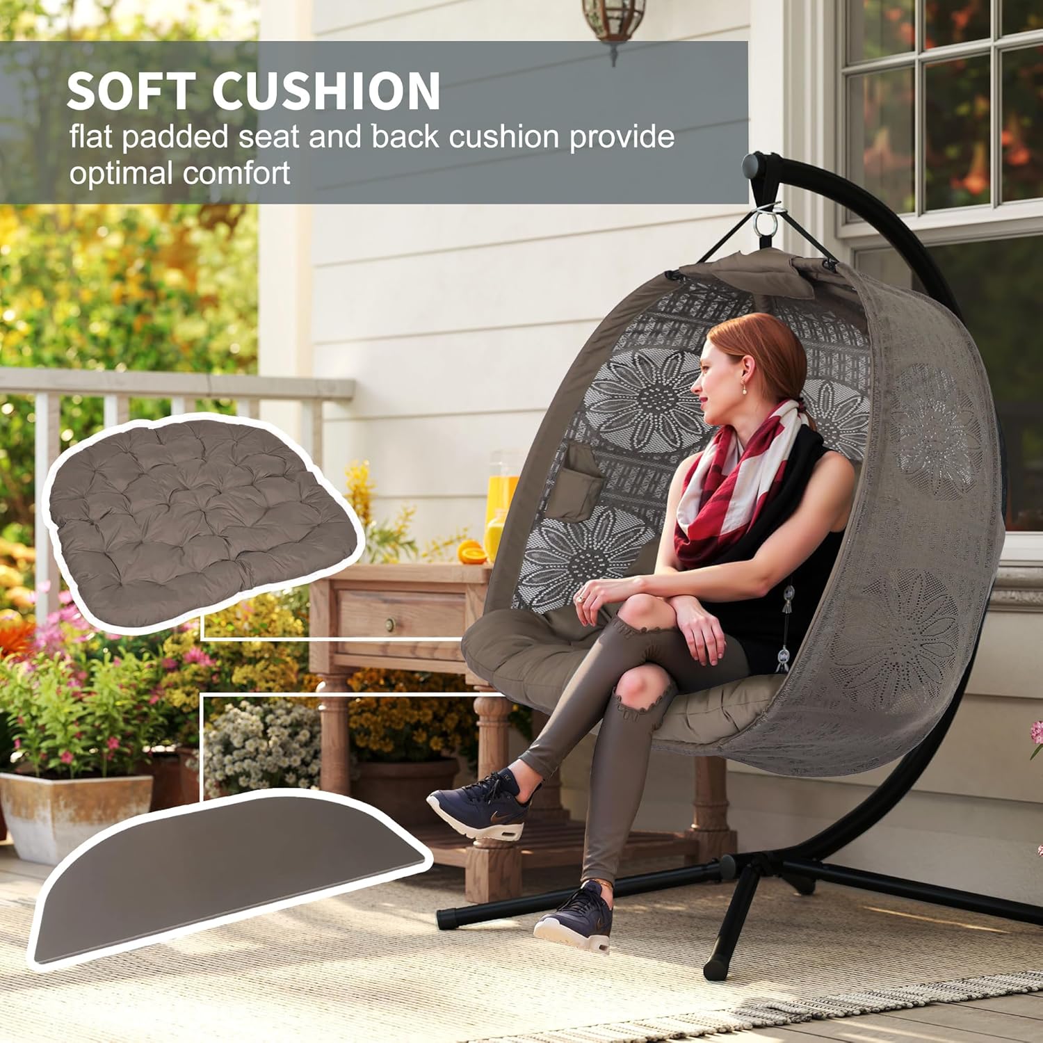 Double Hanging Egg Chair Stand Plush Cushion Sand