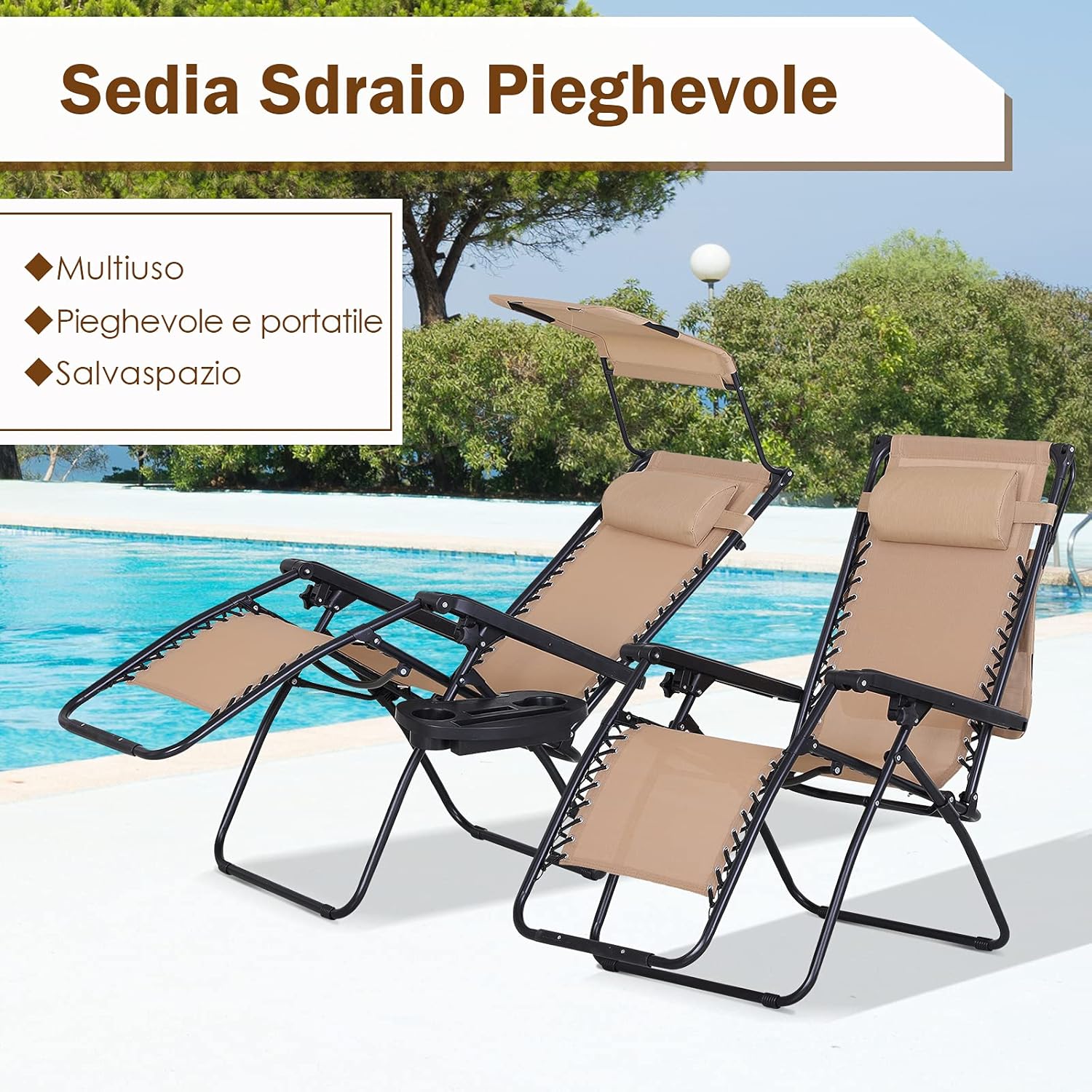 Zero Gravity Sun Lounger Chair Foldable with Canopy Beige