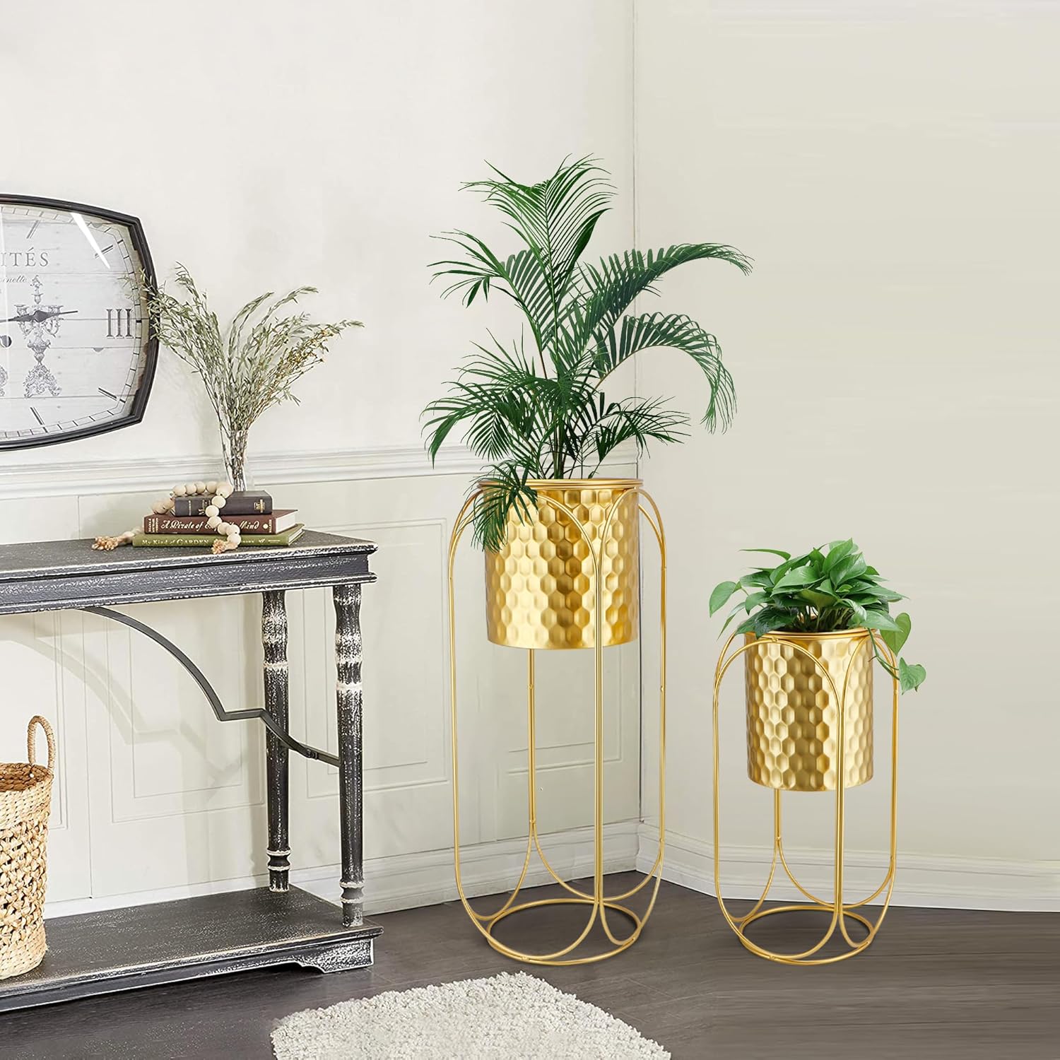 Gold Honeycomb Planters with Stand Set of 2 Tall Pots 65cm