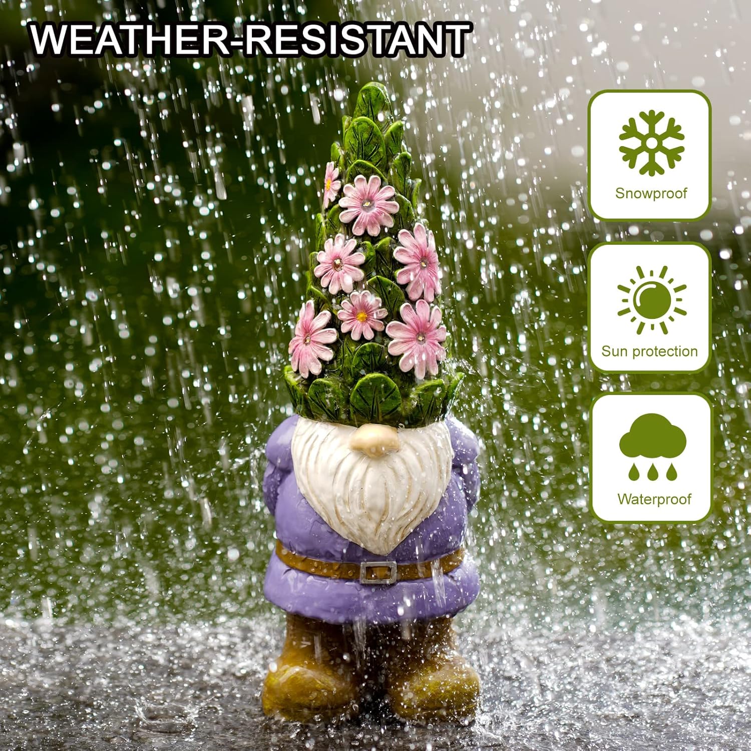 Solar Garden Gnome Statue LED Flower Lights Outdoor Patio Decor