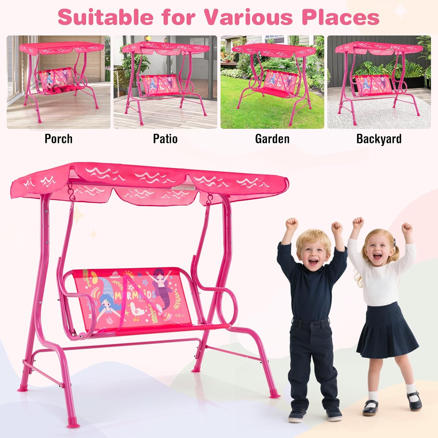 Kids 2 Seat Swing Chair Pink Canopy Safety Belts
